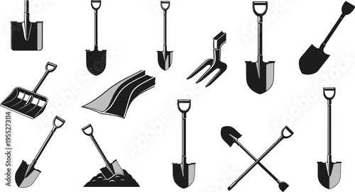 Collection of shovel and garden tool silhouettes including spade snow shovel digging tools and crossed shovels icons isolated for gardening landscaping design