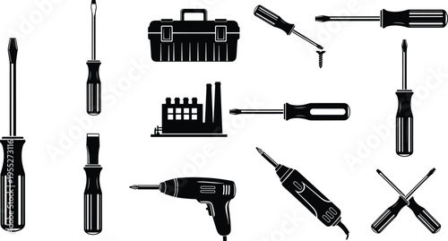 Collection of black silhouette icons showing screwdrivers, power drill, toolbox, factory, electric screwdriver, crossed tools for construction, repair, DIY illustration