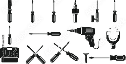 Collection of black silhouette icons showing screwdrivers, power drill, toolbox, magnet, screws, tool case, crossed tools for repair, DIY illustration