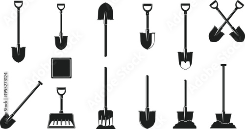 Collection of shovel and spade silhouettes, gardening hand tool icon set for agriculture, landscaping, farming work, digging and outdoor maintenance