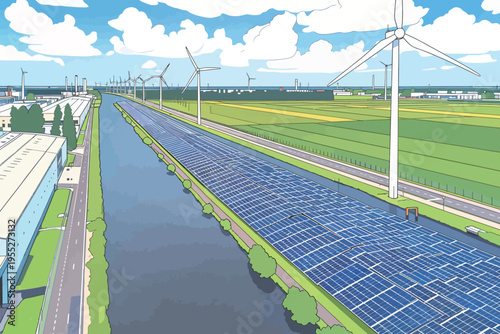 Solar panels and wind turbines positioned next to a river in an industrial area show renewable energy solutions in action