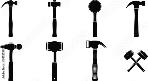 Collection of eight black silhouette hammer icons including claw, sledge, mallet, ball‑peen, framing, crossed hammers for construction, carpentry, repair illustration
