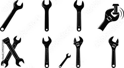 Collection of wrench and adjustable spanner silhouettes, mechanic hand tool icon set for plumbing repair, construction maintenance and workshop design
