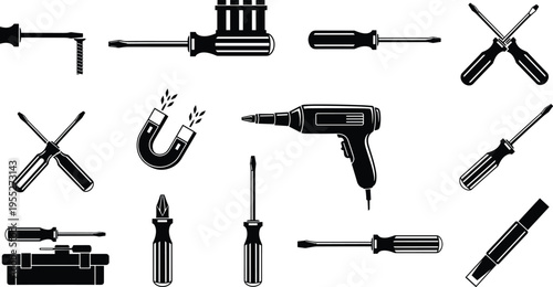 Black and white vector illustration of mechanical and electrical hand tools including screwdrivers, power drill, clamp, magnet, and screw for construction projects