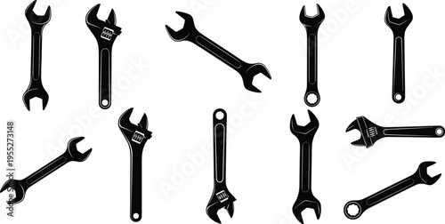 Collection of wrench and adjustable spanner silhouettes, mechanic hand tool icon set for repair, construction, maintenance workshop and industrial equipment design
