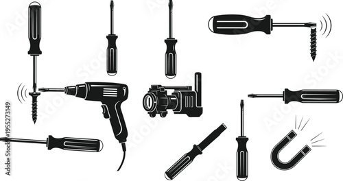 Collection of black silhouette icons showing screwdrivers, power drill, vise, file, screws, and magnet tools for mechanical, DIY, repair illustration