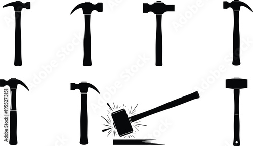 Collection of eight black silhouette hammer icons including claw, sledge, mallet, impact strike tool for construction, carpentry, repair illustration