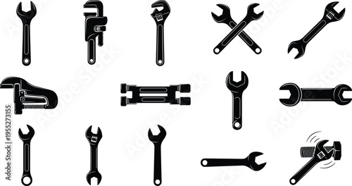 Collection of wrench and spanner tool silhouettes including adjustable wrench and crossed spanners, mechanic hand tool icon set for repair workshop