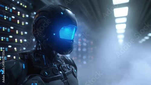 Futuristic Robot in Server Room Corridor