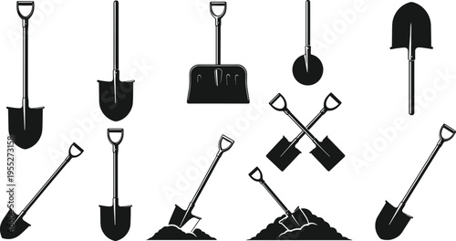Collection of twelve black silhouette shovel icons including flat, pointed, snow, round, crossed designs for gardening, construction, manual labor illustration