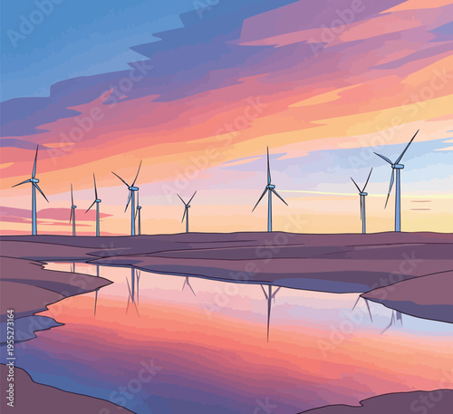 Wind turbines stand by a river at sunset in an open landscape with colorful sky and reflection in the water