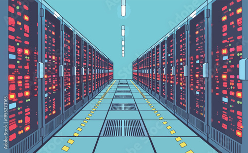 Rows of server racks inside a data center showing lights and equipment in a cool, modern setup