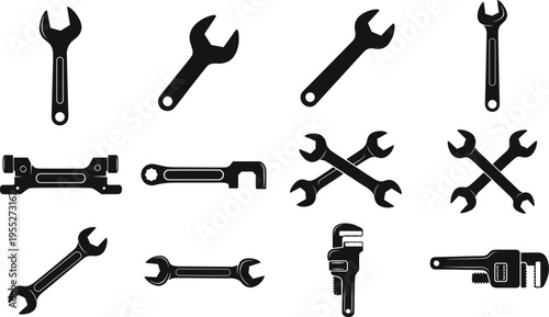 Collection of twelve black silhouette wrench and spanner icons including adjustable, pipe, open‑end, double‑ended, crossed tools for mechanical repair illustration