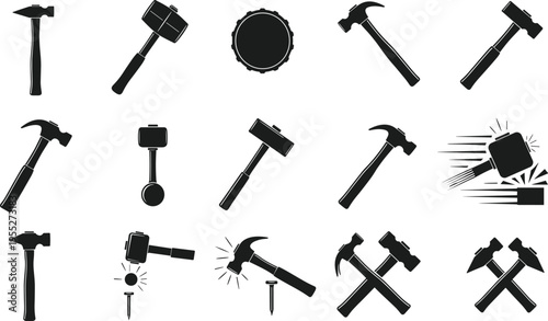 Collection of hammer and mallet silhouettes with nail striking icons, carpentry hand tool set for construction, woodworking, repair workshop and DIY