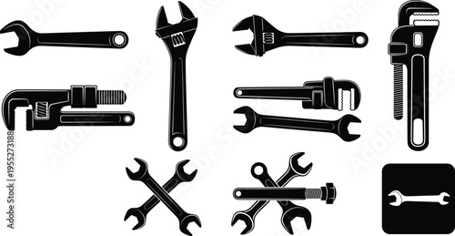 Collection of wrench, adjustable spanner and pipe wrench silhouettes, mechanic hand tool icon set for plumbing repair, construction maintenance and workshop