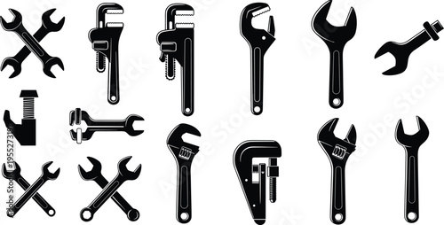 Collection of wrench, adjustable spanner and pipe wrench silhouettes, mechanic hand tool icon set for plumbing repair, construction workshop and maintenance
