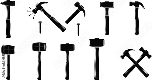 Collection of hammer and mallet silhouettes with nails, carpentry hand tool icon set for construction, woodworking, repair workshop and DIY projects