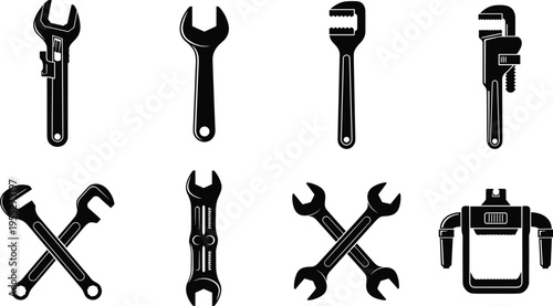 Collection of wrench, adjustable spanner and pipe wrench silhouettes, mechanic hand tool icon set for plumbing repair, construction workshop maintenance