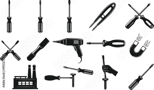 Collection of screwdriver, electric drill and magnet silhouettes with screws, hand tool icon set for repair, construction, workshop maintenance and DIY