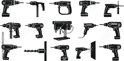 Power drill and electric drilling machine silhouettes set including cordless drills hammer drills and workshop tools isolated on white background for construction repair industrial design use