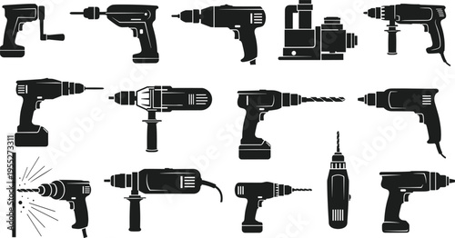 Electric drill and power tool silhouettes collection including cordless drills hammer drills and industrial drilling machines isolated on white background for construction repair workshop 