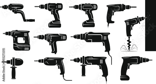 Electric drill and power tool silhouettes collection featuring cordless drills hammer drills and drilling machines isolated on white background for construction repair workshop 