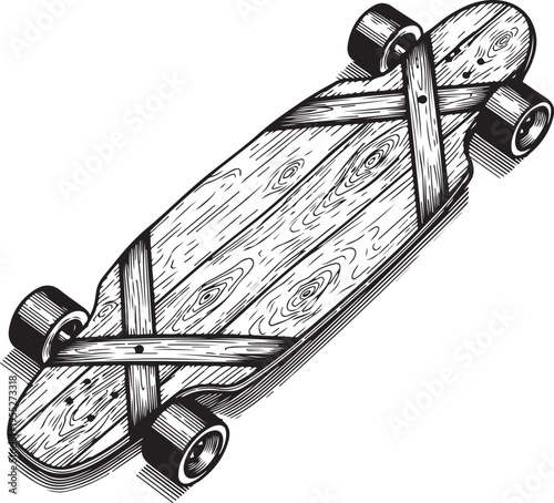 A detailed black and white illustration depicts a wooden longboard with prominent grain patterns and cross bracing