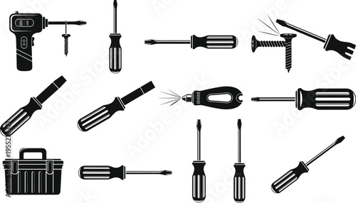 Collection of screwdriver, electric drill and screw silhouettes with toolbox, hand tool icon set for repair, construction, workshop maintenance and DIY