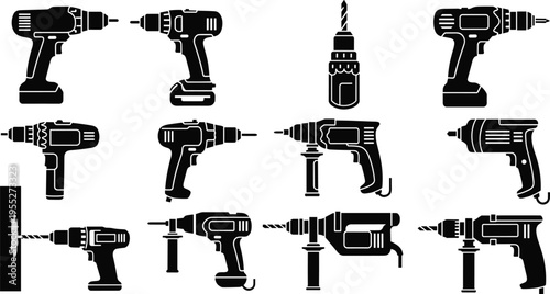 Electric drill silhouettes collection with cordless and wired power tools, drilling machines and construction equipment icons for repair and industrial use isolated on white background vector set