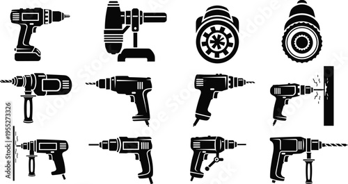 Power drill and electric drilling tool silhouettes set including cordless drills hammer drills and industrial machines isolated on white background for construction repair workshop design use