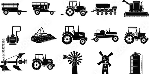 Farm machinery silhouettes collection including tractor harvester seeder trailer plow windmill silo and irrigation pump isolated on white background for agriculture and rural industry design use