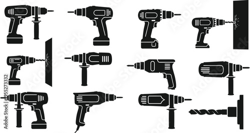 Power drill and electric tool silhouettes collection featuring cordless drills hammer drills and impact drivers isolated on white background for construction repair and industrial design  