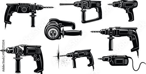 Electric drill and power tool silhouettes set including cordless drills hammer drills and industrial drilling machines isolated on white background for construction repair workshop 