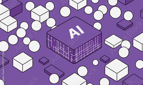 Digital design with AI block among shapes on purple background in modern tech context