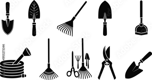 Garden hand tools silhouette collection including rake shovel trowel pruning shears hose watering can and gardening tools isolated on white background for landscaping agriculture design use