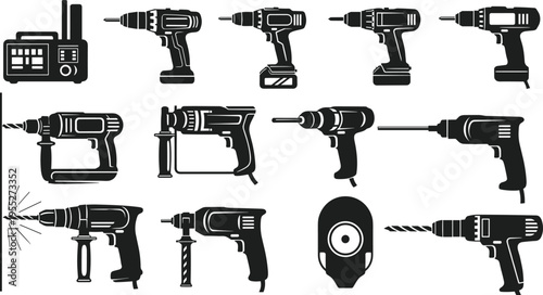 Power drill and electric tool silhouettes collection featuring cordless drills hammer drills and industrial drilling machines isolated on white background for construction repair workshop design use