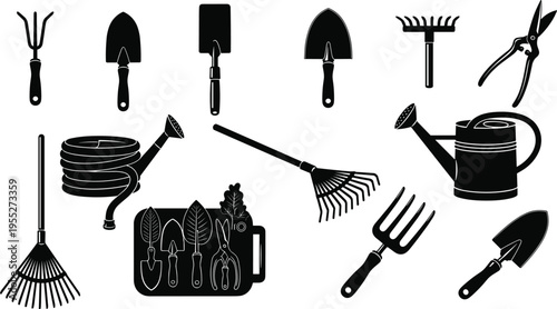 Garden hand tools silhouette set including rake shovel trowel fork watering can hose and pruning shears isolated on white background for gardening landscaping agriculture design use