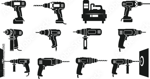 Power drill and electric tool silhouettes set including cordless drills hammer drills and industrial drilling machines isolated on white background for construction repair workshop 
