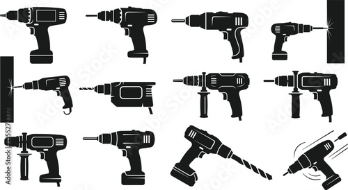 Power drill silhouette set featuring cordless and electric drills, construction tools collection, drilling equipment icons, industrial machinery vector isolated on white background