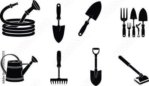 Garden hand tools silhouette set with watering can hose trowel fork rake shovel and cultivator isolated on white background for gardening landscaping and agriculture design