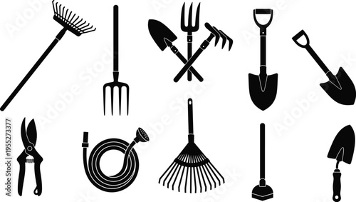 Garden tool silhouettes set including rake shovel fork hose watering equipment and pruning shears isolated on white background for agriculture landscaping and gardening design use