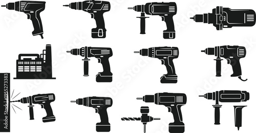 Power drill silhouettes collection featuring cordless drill hammer drill impact driver and electric tools isolated on white background for construction repair and industrial design use