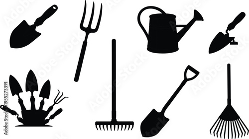 Garden tools silhouette collection including rake shovel fork watering can hand trowel and gardening tools isolated on white background for landscaping agriculture and yard work design use
