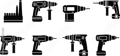 Power drill silhouette set with factory icon featuring cordless and electric drills, industrial construction tools collection, drilling equipment vector isolated on white background