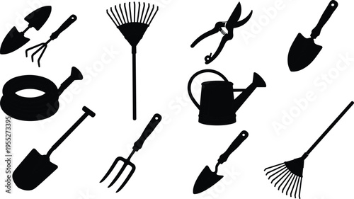 Garden tools silhouette collection including rake shovel fork watering can hose pruning shears and hand tools isolated on white background for gardening landscaping agriculture design use