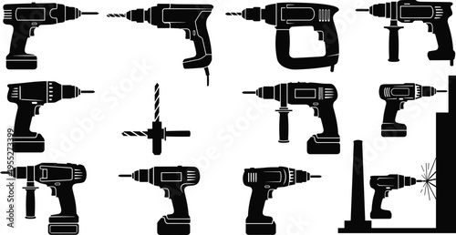 Power drill silhouettes collection featuring cordless drills hammer drills and electric drilling machines isolated on white background for construction repair workshop and industrial design use