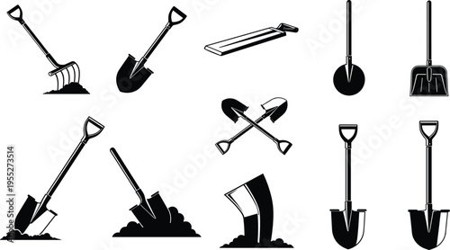Shovel and gardening tools silhouette set featuring spade, digging shovel, garden equipment icons, landscaping tools collection, agricultural hand tools vector isolated on white background