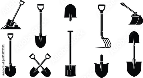 Shovel and digging tools silhouette set including spade garden fork and crossed shovels isolated on white background for construction gardening landscaping and agriculture design use