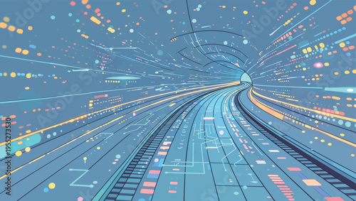 Digital tunnel view shows tracks bending and light trails representing speed and motion in a futuristic setting