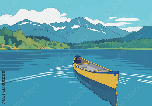 Canoe on clear water with mountains in the background under blue sky during daytime in a natural setting
